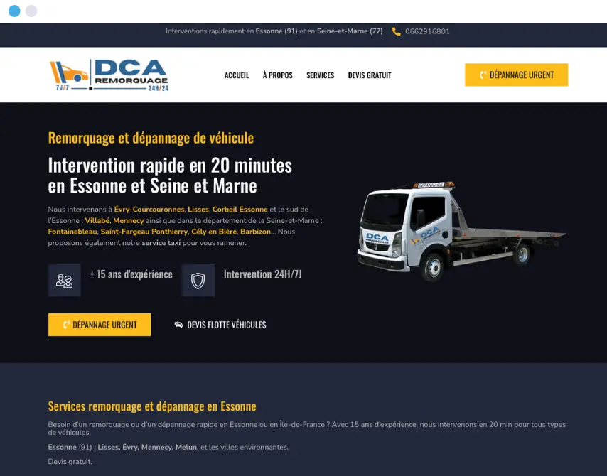 Création d’un site WordPress pour DCA Remorquage à Lisses (91)​ - - Beez MEDIA® - Agence web et communication Essonne
